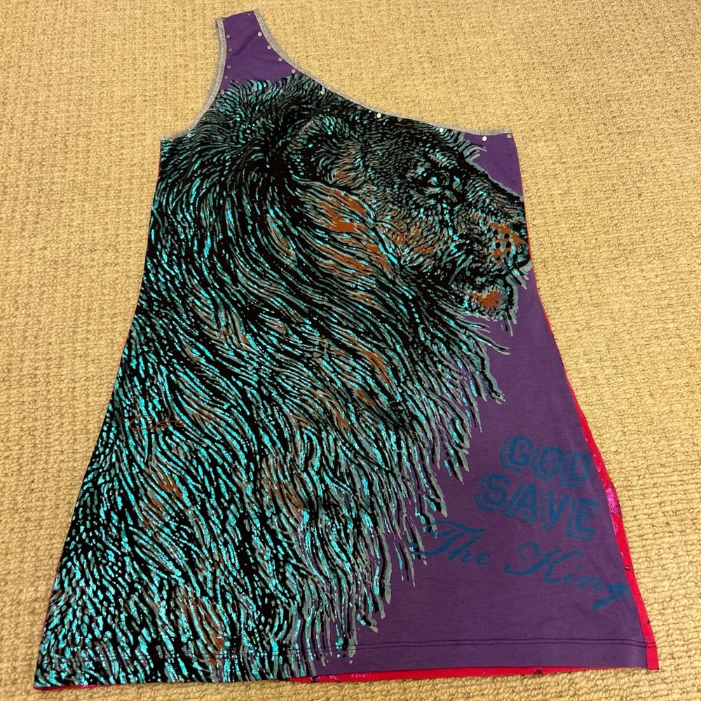 Vintage Custo Barcelona one-shoulder save king  lion butterfly graphic Top sz2